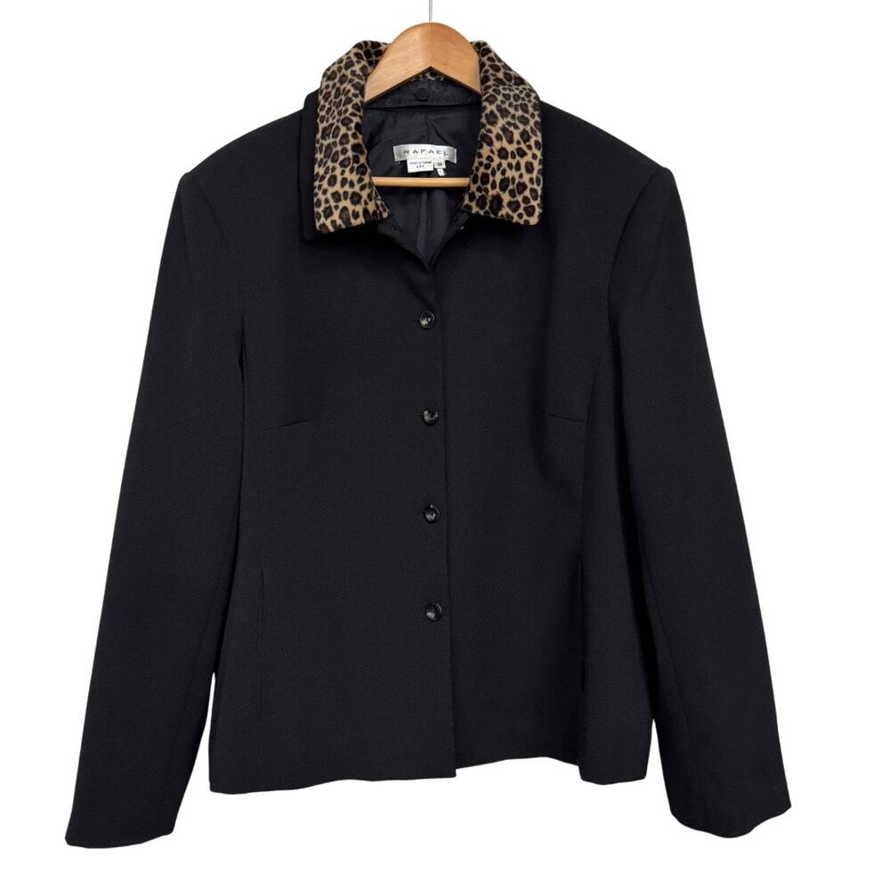 Vtg Rafael Black Blazer 18 Leopard Faux Fur Removable Collar